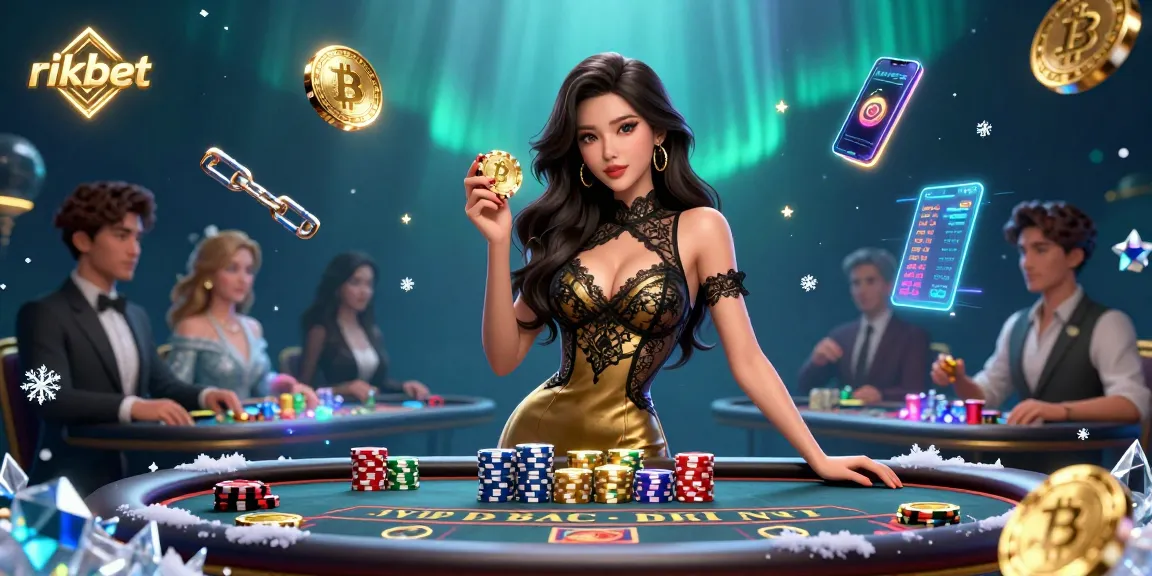 Experience the excitement of rikbet with a glamorous scene of high-stakes baccarat, showcasing crypto elements.