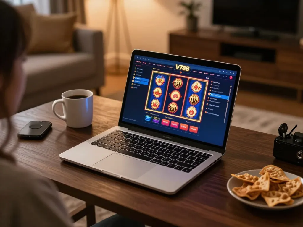Experience dynamic online gaming with v788 as you play from a cozy home setting adorned with snacks and inviting ambiance.