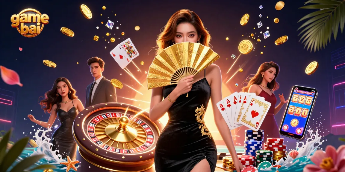 Engage in game bai with a stunning Asian woman amidst a whirlwind of casino elements.