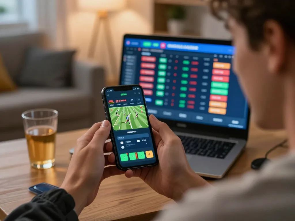 Engaging in online betting at 789win1 with smartphones and sports odds visible in a lively home setting