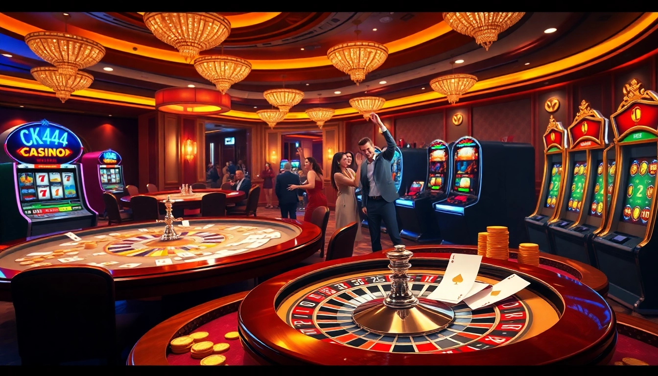 Exciting gaming action at CK444 casino with roulette, cards, and vibrant slot machines.