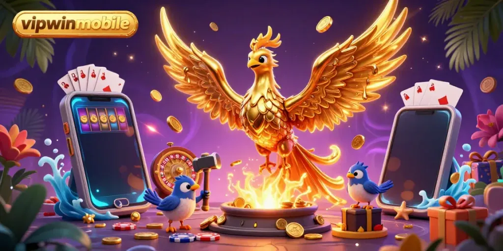 Engage with thrilling slot game action on vipwinmobile featuring dynamic elements like a golden phoenix, coins, and gaming devices.