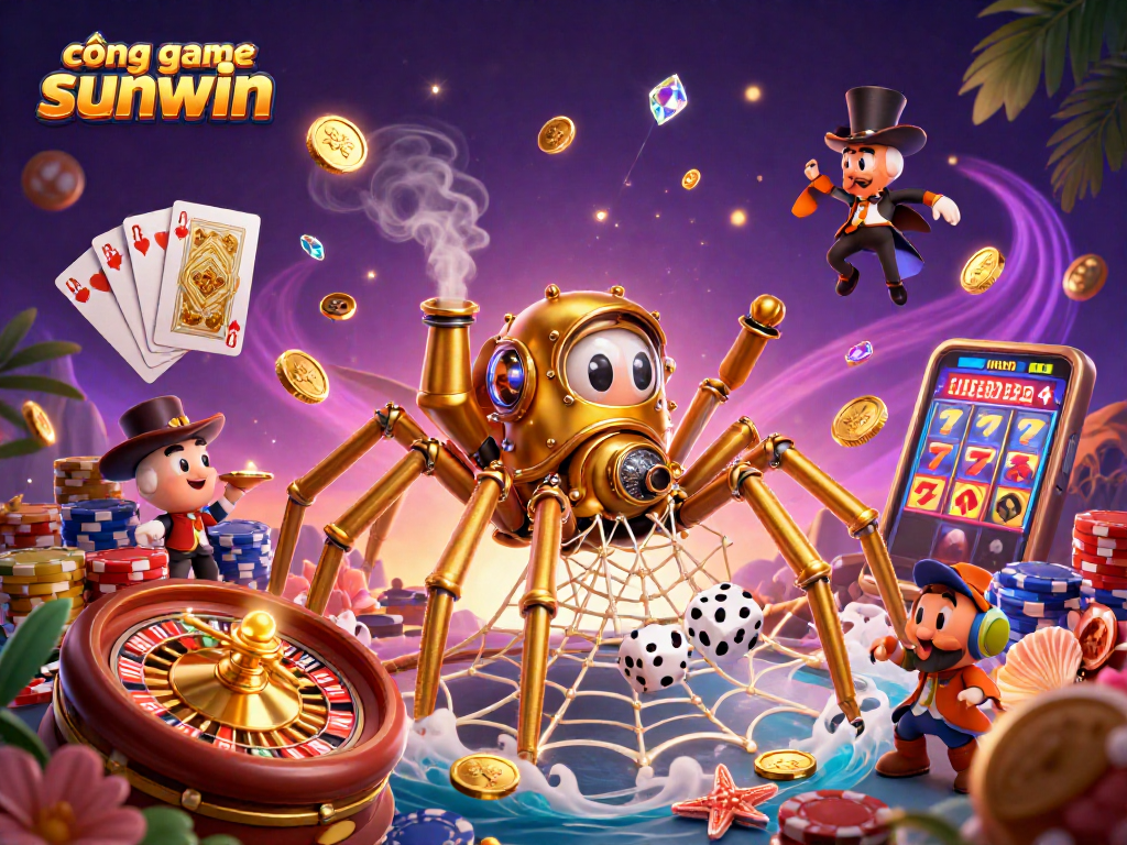 Engage with cổng game sunwin in this dynamic 3D casino illustration featuring gaming elements.