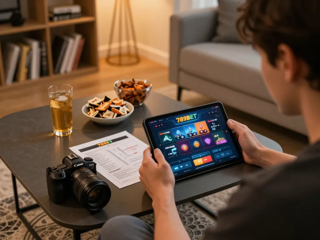 Engaging in online gaming with the 789BET app in a cozy home setup, showcasing strategic notes and relaxed atmosphere.