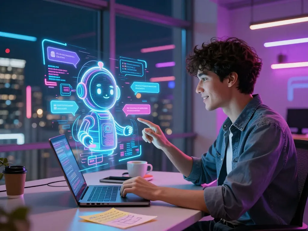 Engaging ai sex chat interaction between a user and a vibrant AI chatbot in a modern workspace, showcasing technology and personal connection.