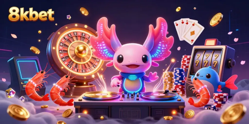 Experience vibrant gaming at 8kbet with neon axolotl DJ and lively underwater casino scene.