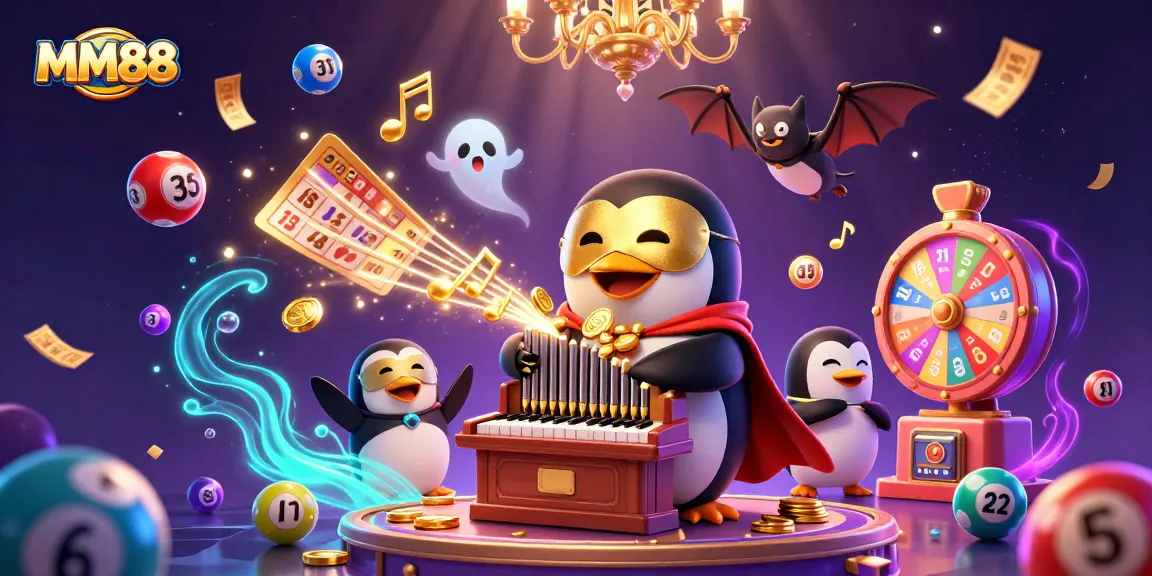 Experience MM88 with vibrant lottery elements, a whimsical penguin, and golden treasures in a lively casino scene.