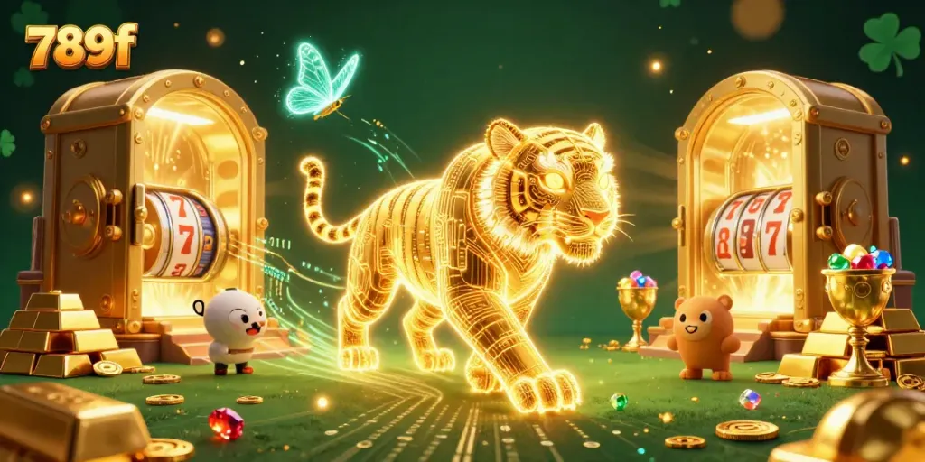 Experience the thrill of 789f's vibrant digital casino with slot reels and golden treasures.
