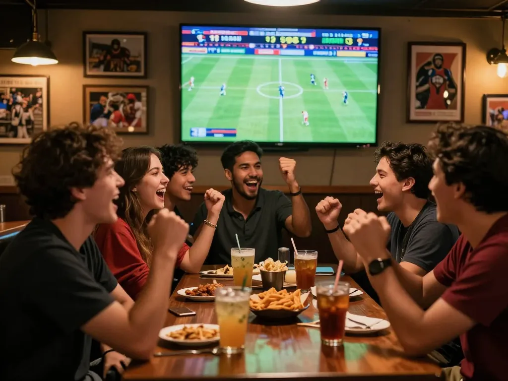 Excited group cheering for their favorite team at a bar during a kèo bóng đá match.