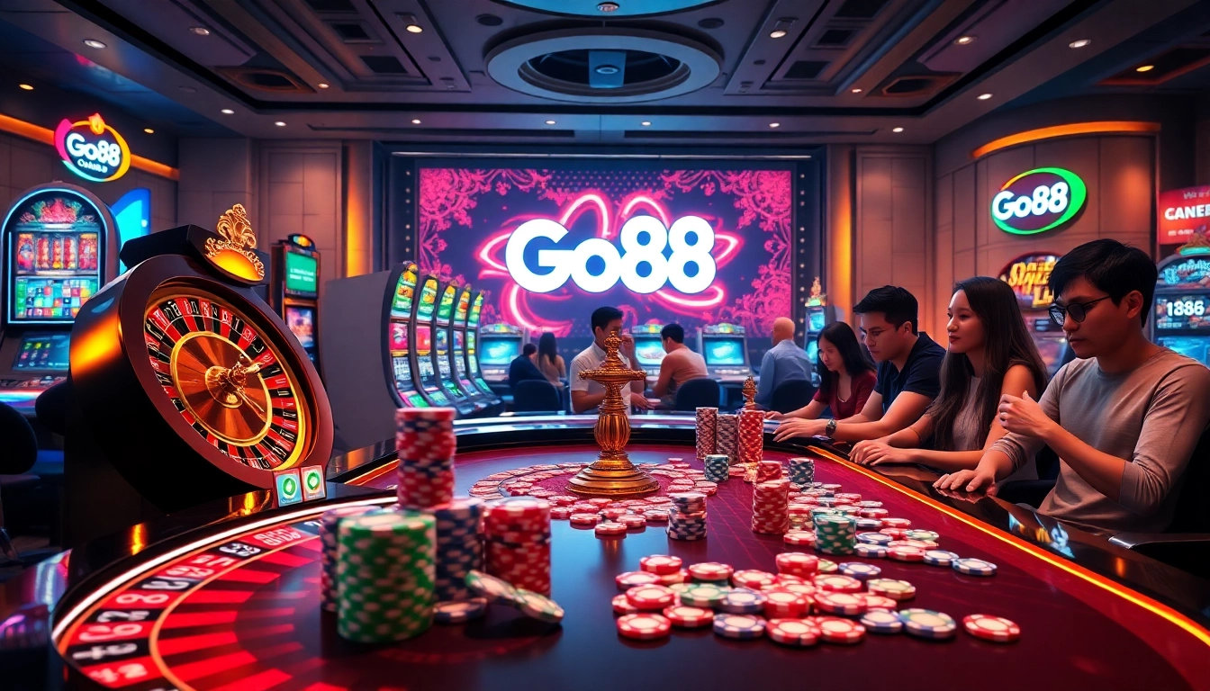 Go88 players enjoying a vibrant online casino atmosphere with roulette and slot machines.
