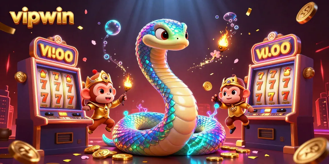 Spin for fortune at vipwin with a vibrant 3D casino illustration of a rainbow serpent and colorful slot machines.