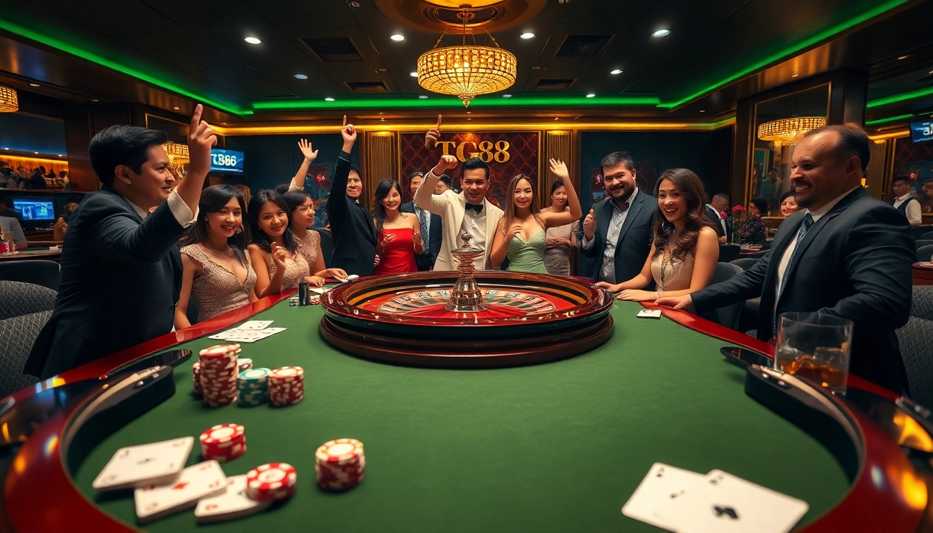 Celebrating victory with poker chips at tg88 win casino.