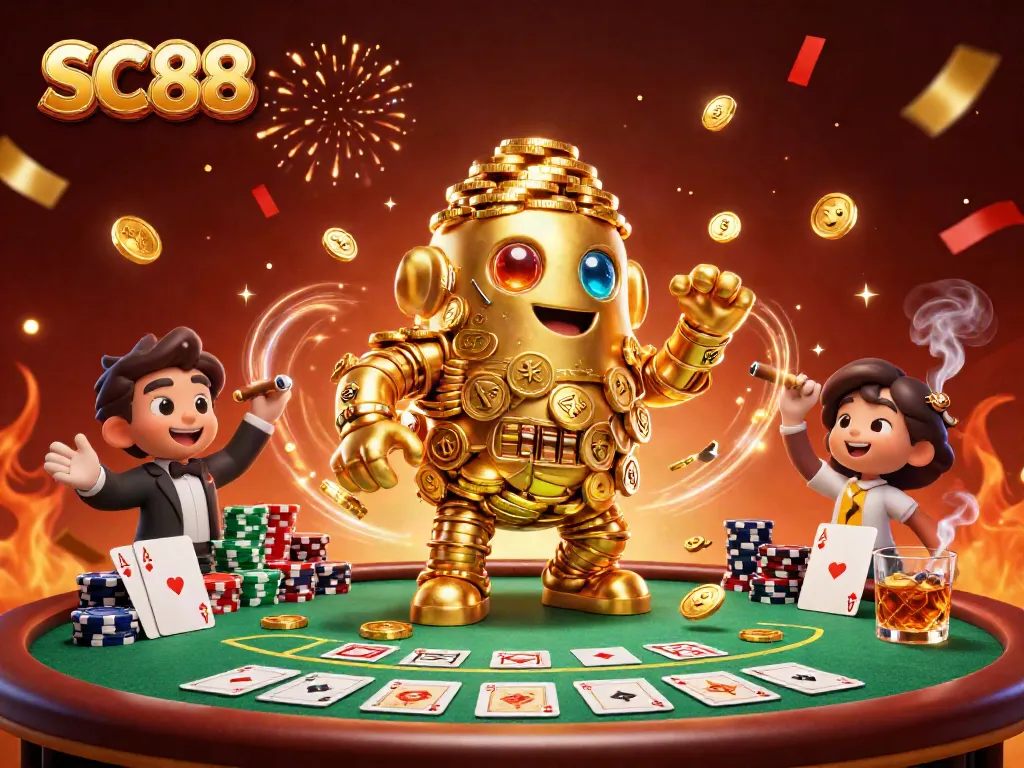 Engage with SC88's vibrant casino scene featuring a golden golem amidst poker action.