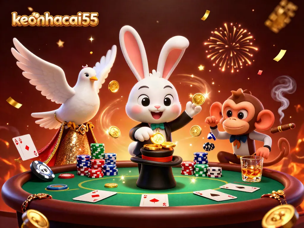 Experience the thrill of winning with keonhacai55's energetic casino scene showcasing magical characters and poker action.