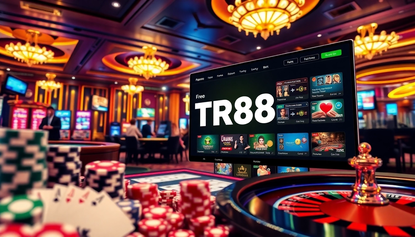 Players enjoying a thrilling gambling experience at TR88 online casino platform with vibrant poker elements.