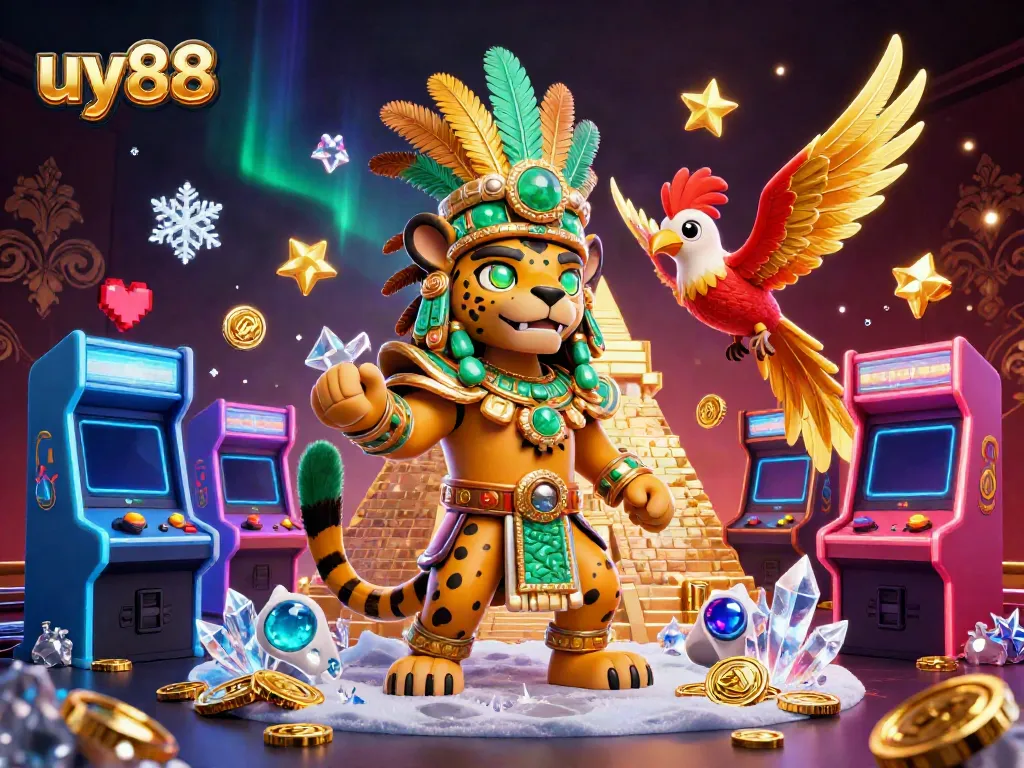 Experience thrilling gaming action with uy88, featuring a Mayan priest and vibrant arcade elements.