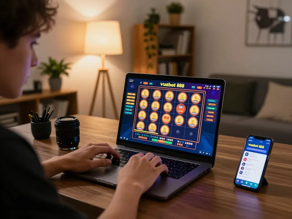 Engaging with vuabet 88 on a laptop during strategic online gaming session at home