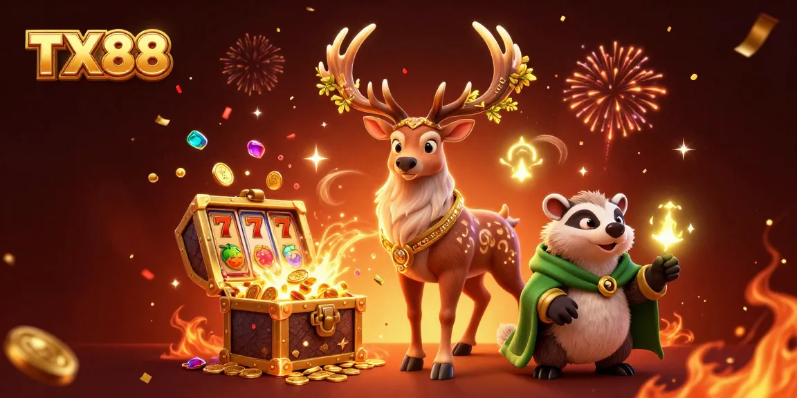 Engage with TX88 casino excitement featuring a Celtic druid stag amid dynamic slot reels