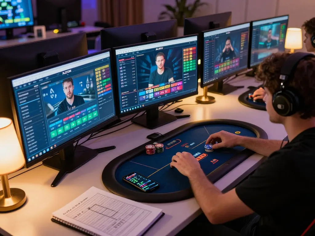 A person enjoys strategic online poker gameplay on ALO8 COM with multiple screens showing betting options