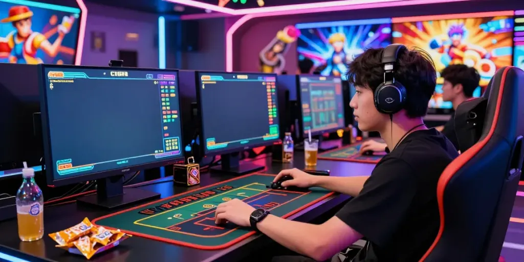 Engaged player enjoying online games at https://c168slot2.com/ with multiple screens, snacks, and vibrant lighting.