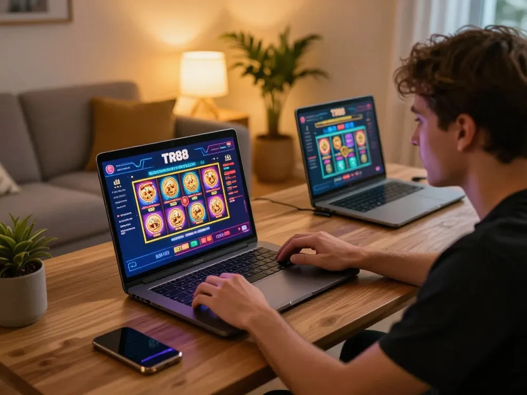 Excited player using TR88 online gaming platform for strategic betting in cozy home setup.