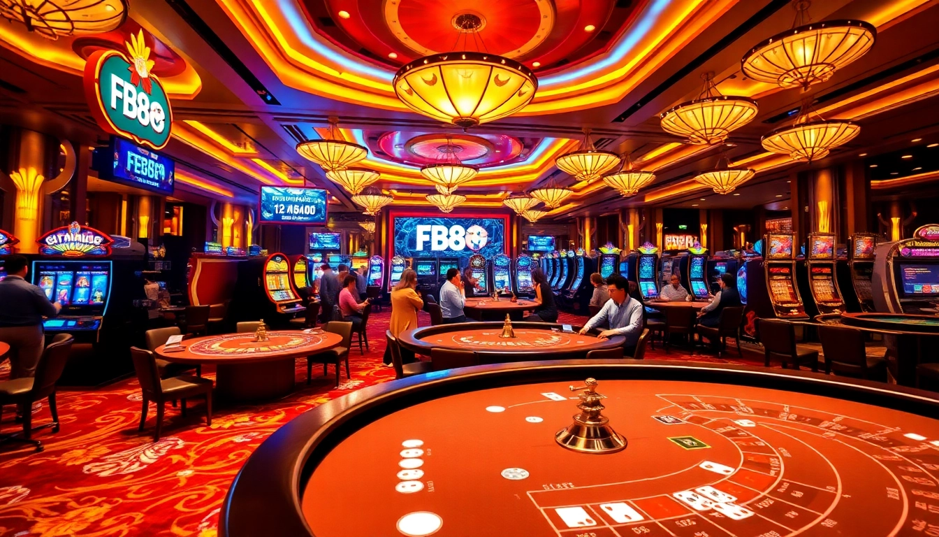 Experience thrilling gaming action at Fb88 with lively casino tables, colorful slot machines, and vibrant players.