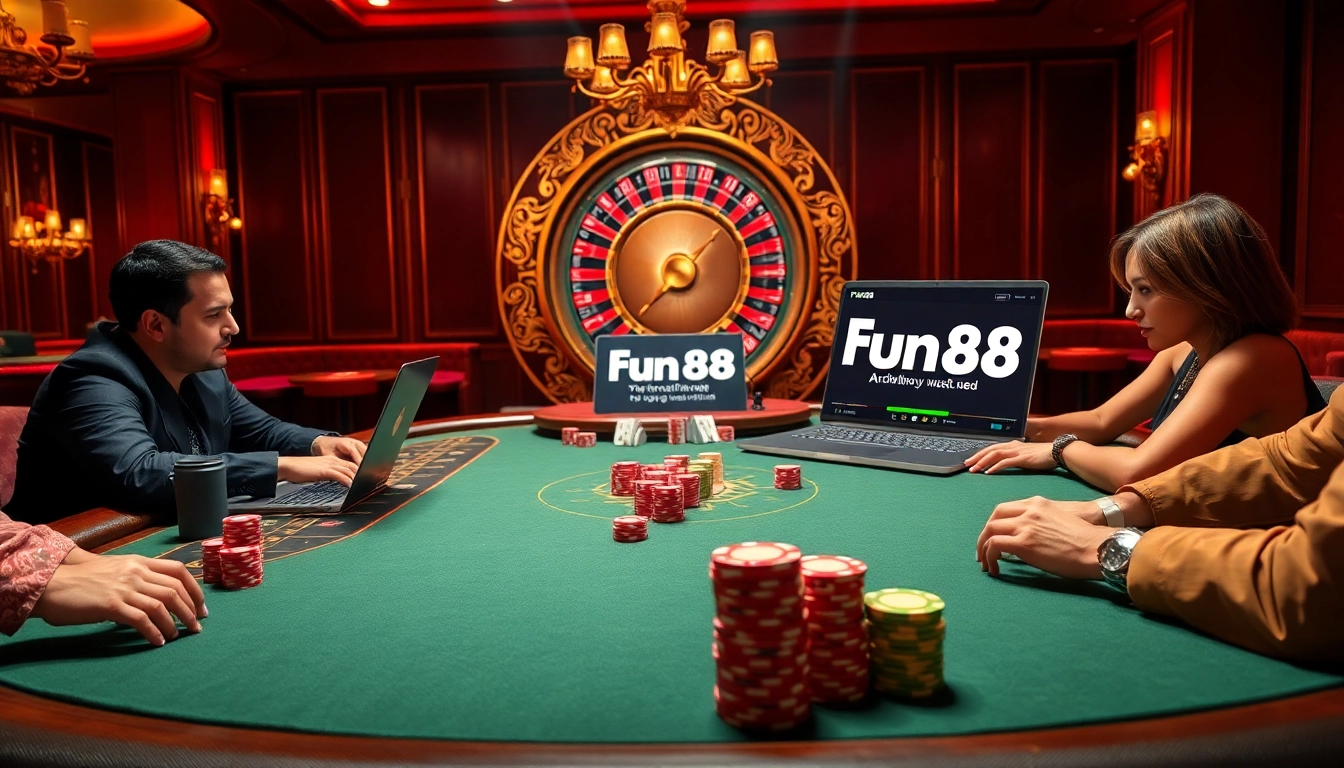 Engaging in a thrilling game at the Fun88 link poker table surrounded by vibrant casino elements.