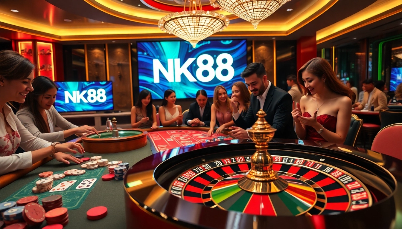 Players enjoying thrilling games at NK88 casino tables with vibrant chips and cards.