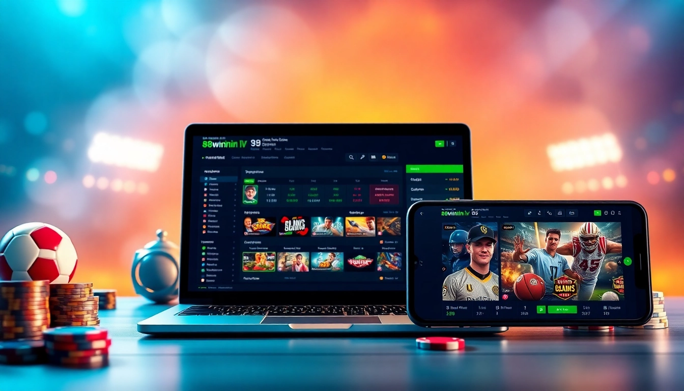 Engaging digital betting scene of 98winwin.live on laptop and smartphone with vibrant sports graphics.