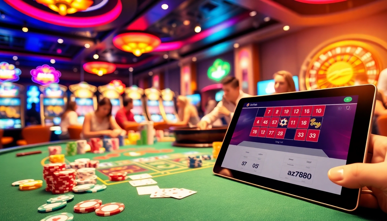 Engaging scene of gamblers playing at a vibrant casino table, reflecting the excitement of https://az888.futbol's online gambling interface.