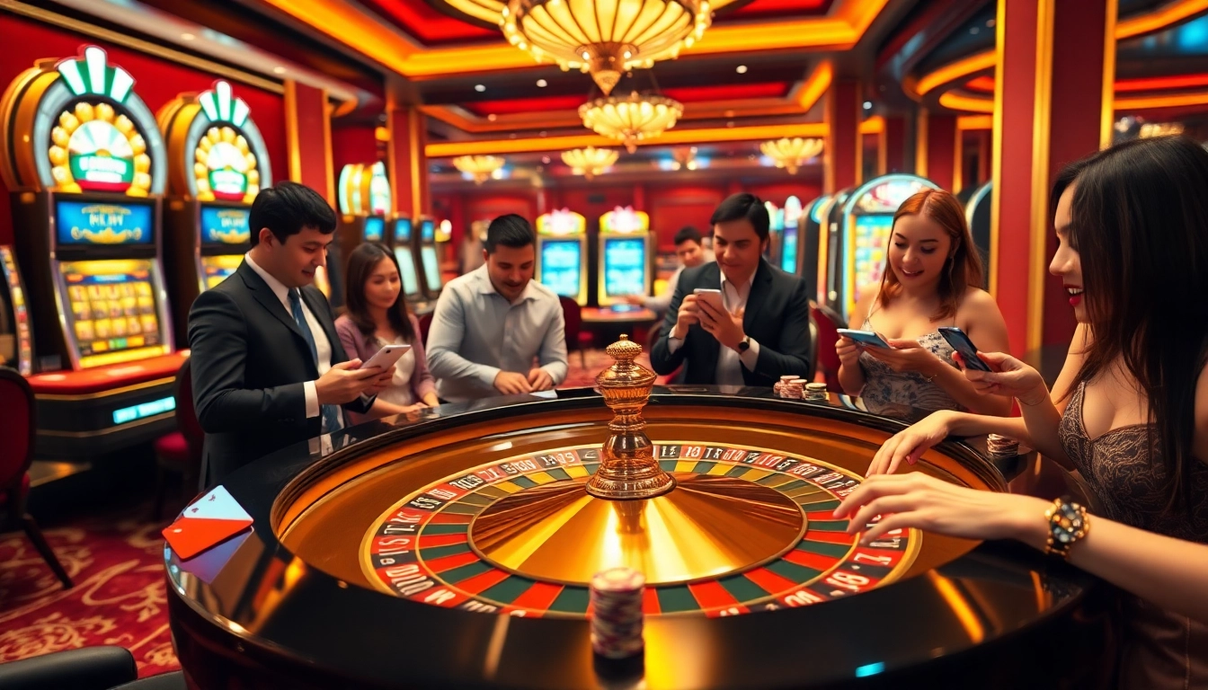 Players engaging in casino activities with mobile betting on nk88.bio, featuring roulette and poker elements.