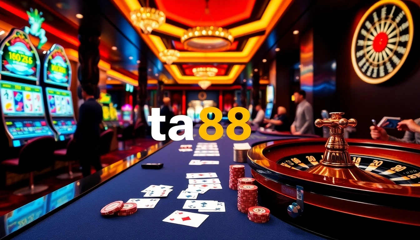 Exciting gambling action at a casino featuring games from https://ta88.la/ with vibrant tables and patrons.