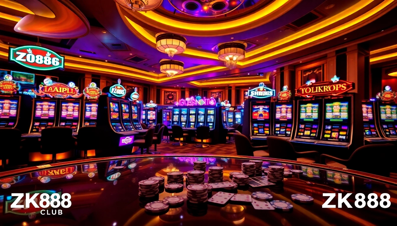 Excited players enjoy slot machines at https://zk88.club/ in a luxurious casino environment.