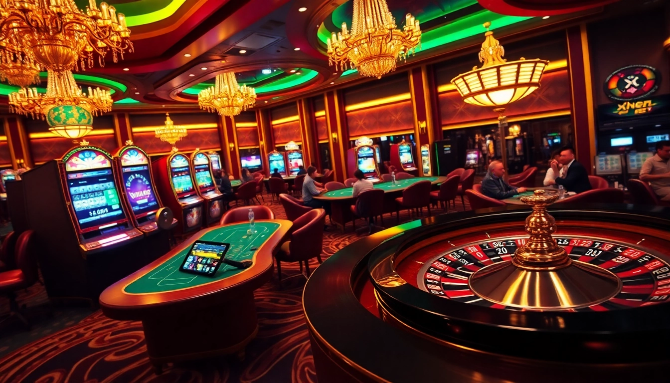 Experience xn88 bet excitement with players at a bustling casino table surrounded by vibrant slot machines.