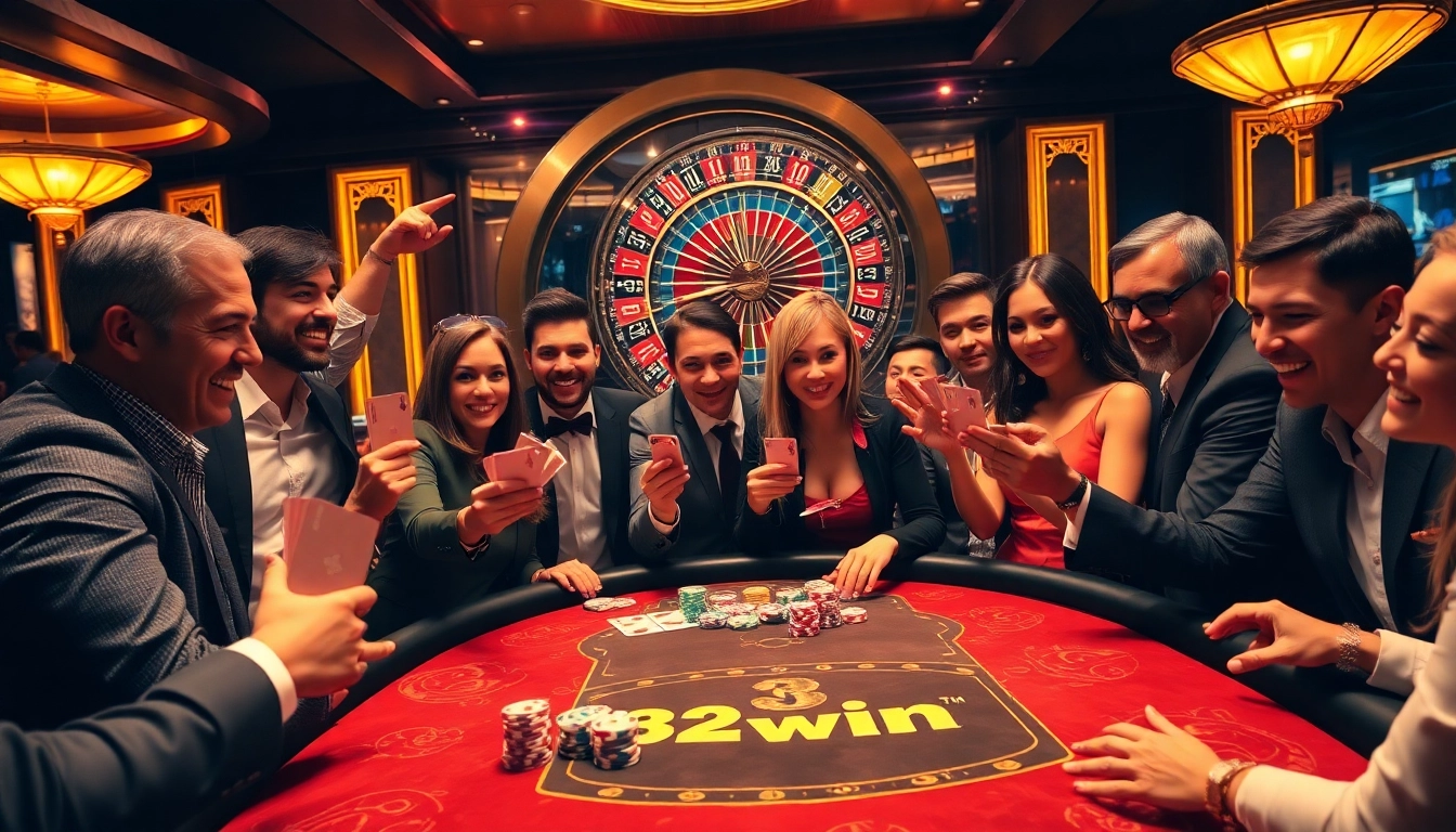 Players enjoy the thrill of high-stakes poker at a glamorous casino table showcasing 32 win elements.
