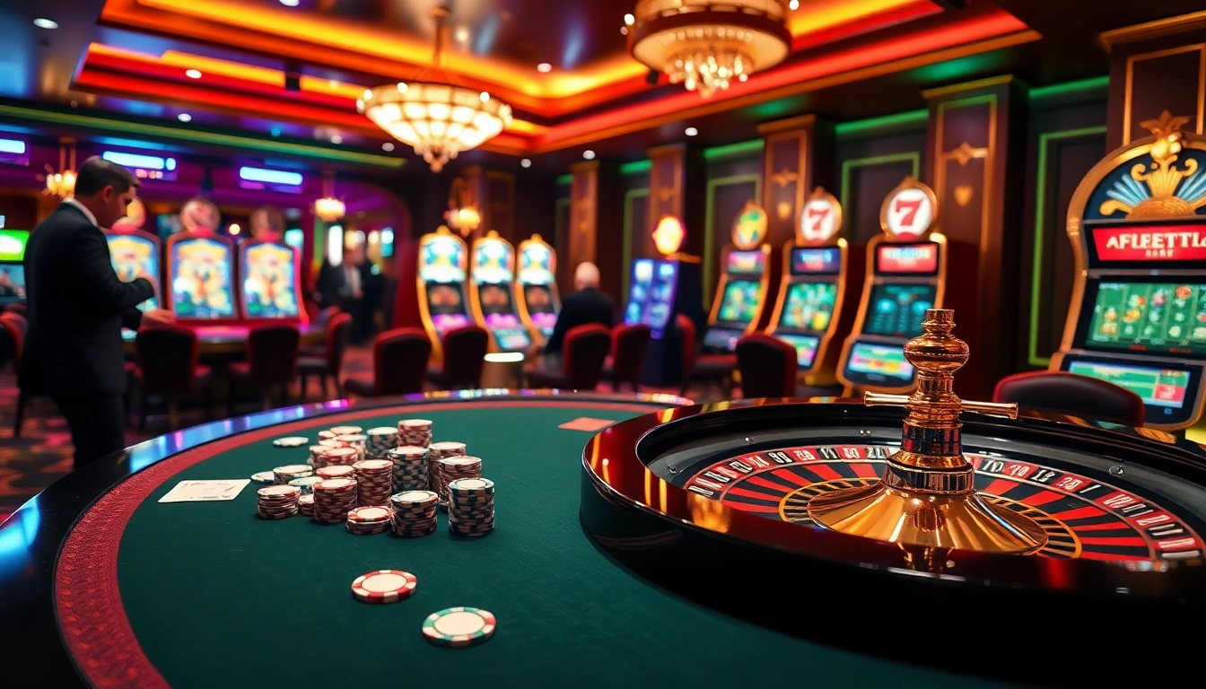 An engaging casino scene illustrating professional gambling at https://i9bet.space/ with roulette, poker chips, and vibrant slot machines.