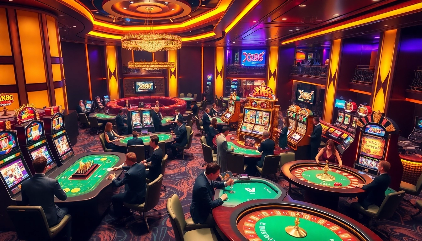 Players enjoying xn88 bet games at an upscale casino with vibrant tables and slot machines.