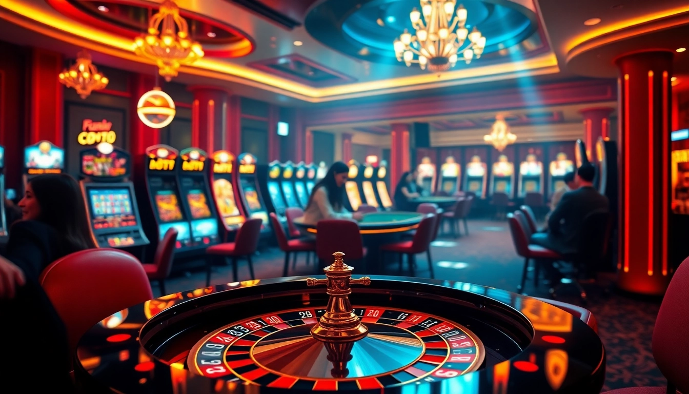 Engaging scene representing trang chủ fun79 with players at a vibrant casino table, showcasing excitement and luxury.