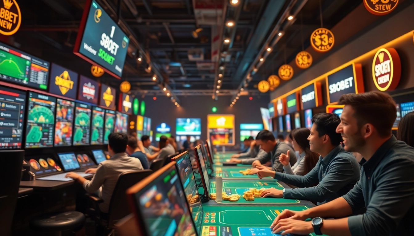 Engaging online gambling scene featuring players enjoying sbobet.dance with excitement and vibrant colors.