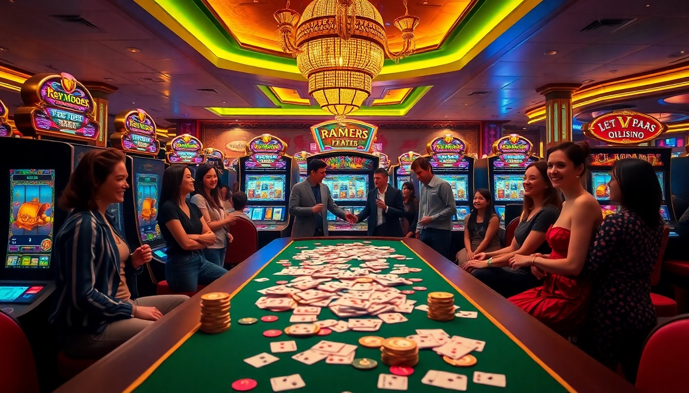 Nổ hũ 8KBET slot excitement with joyful gamblers celebrating big wins in a luxury casino setting.