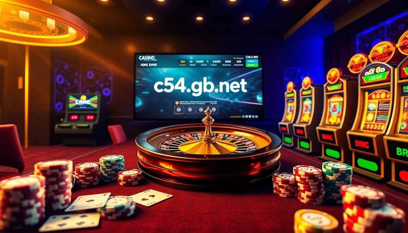 The vibrant online casino scene at c54.gb.net with roulette, poker chips, and slot machines.