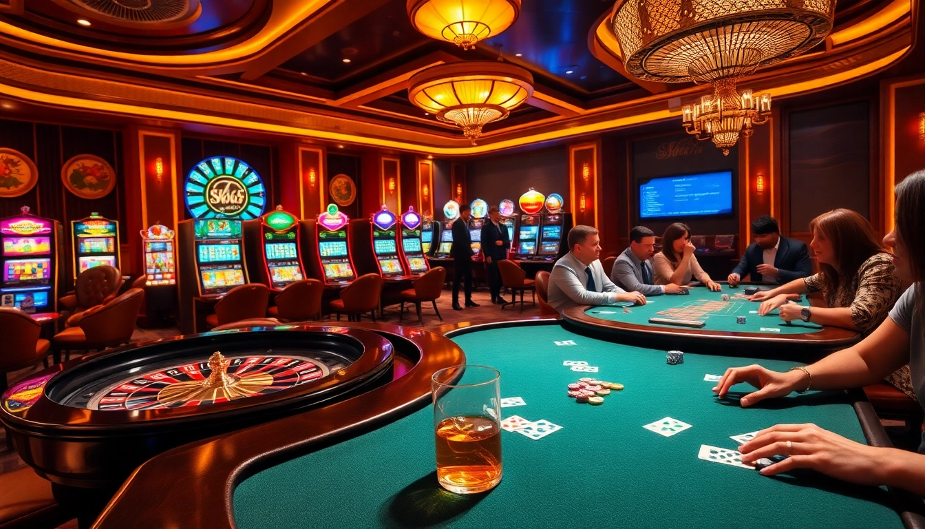 S666 casino gaming scene with roulette wheel, poker tables, and vibrant slot machines.