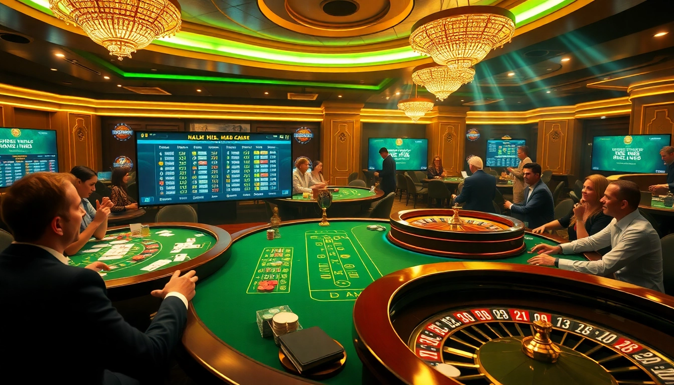 rikvip casino scene with vibrant gambling tables and excited players engaged in high-stakes games