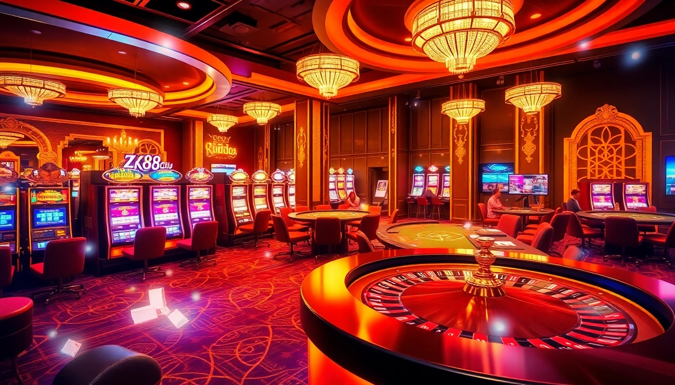 Engaging scene showcasing luxury gaming experiences at https://zk88.club/ with vibrant casino tables and slot machines.
