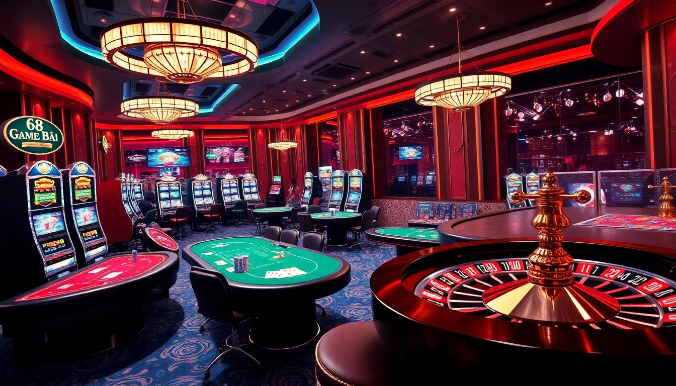 Experience the excitement of 68 Game Bài with dynamic casino visuals of poker, roulette, and vibrant slot machines.