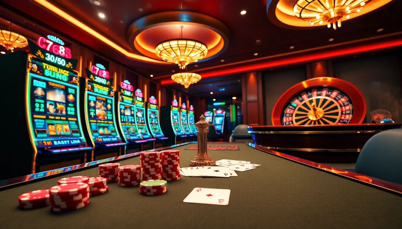 Experience thrilling online gambling at https://lode88.coach/, featuring vibrant casino lights and dynamic gaming elements.