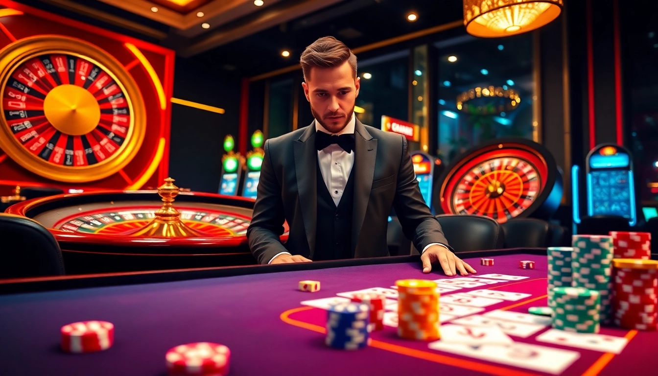 A high-stakes casino scene showcasing strategic gaming at https://luck8.bid/ with colorful cards and poker chips.