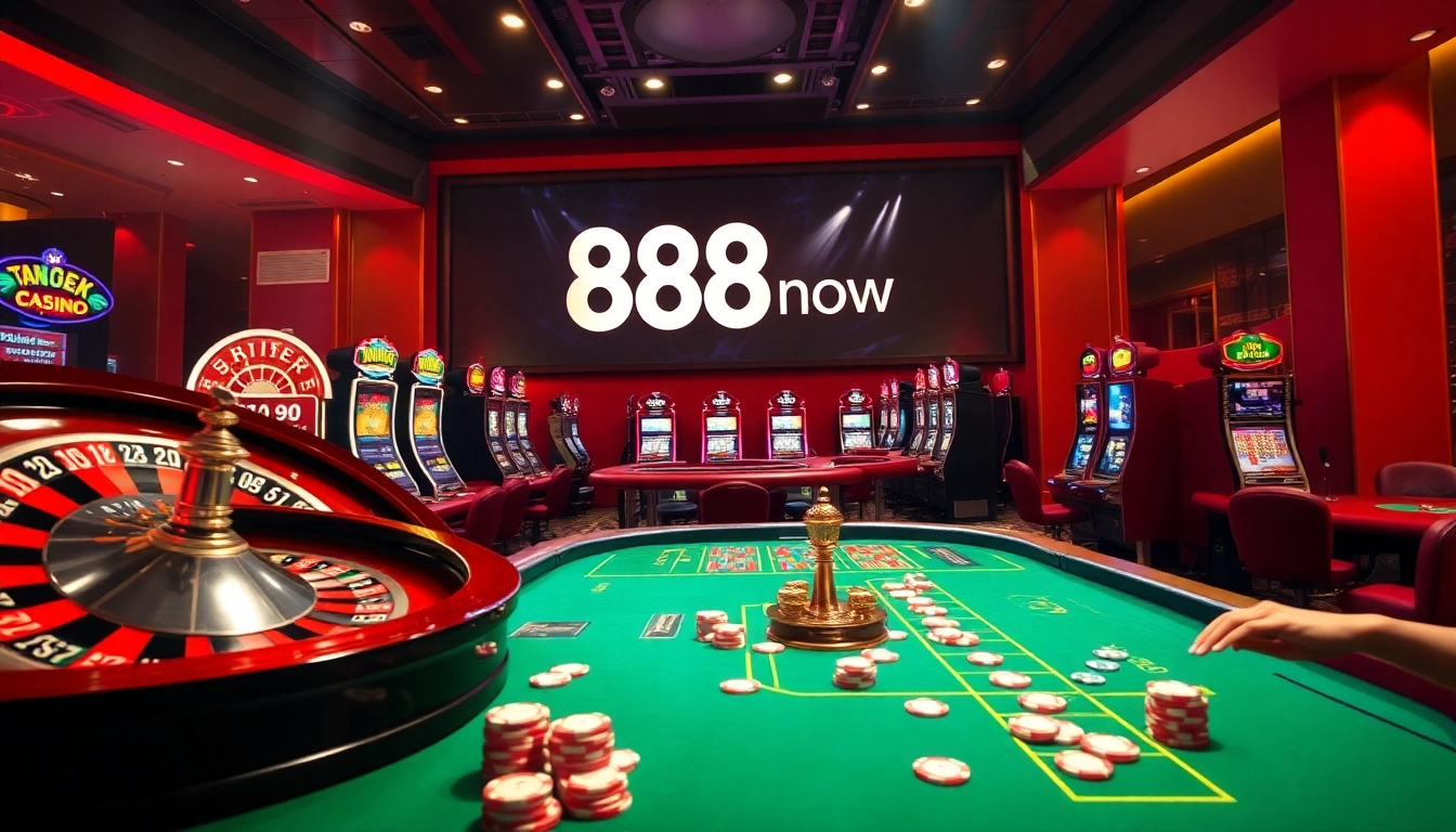 Experience the thrill of 888now at a bustling casino table with poker chips and roulette.