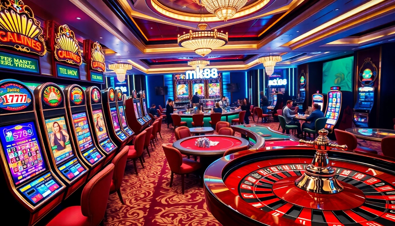 Experience the thrill of gambling at NK88 with vibrant slot machines and poker tables.