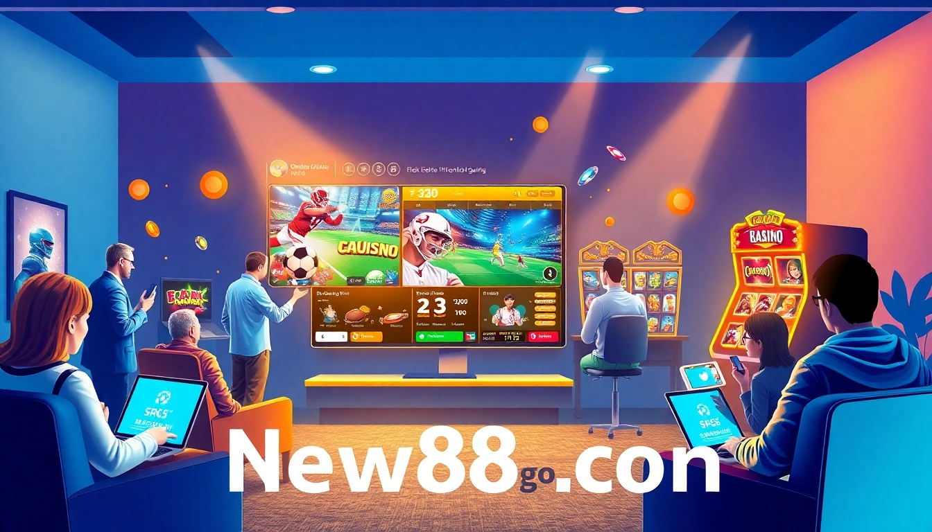 A vibrant online gaming scene showcasing activities at new88go.com including betting on sports and casino games.